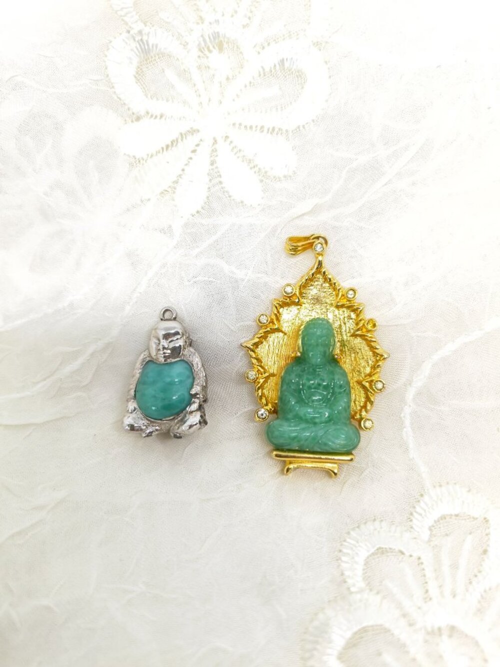 Vintage Asian Revival Faux Jade Glass Buddha Pendant & Monet Jelly Belly Buddha - Picture 3 of 9